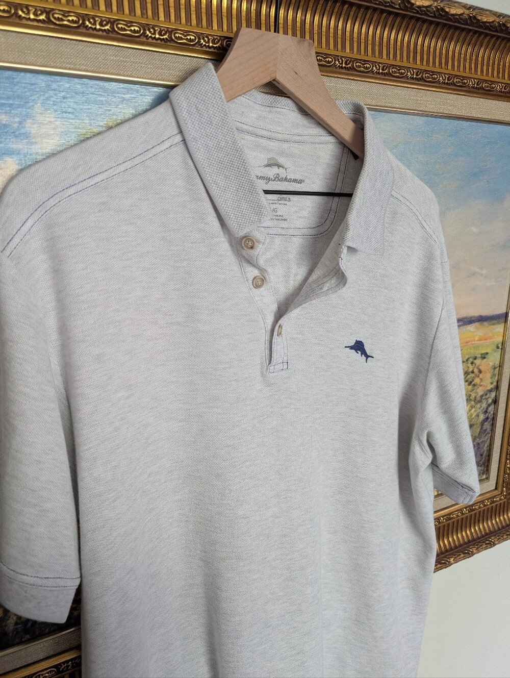 Tommy Bahama Light Gray Polo with Navy Dolphin Emblem